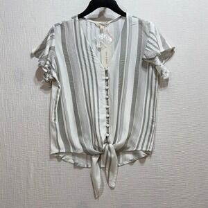 Sim‎ & Sam Striped Front Tie Blouse Womens Medium Grey White Flutter Sleeve Boho